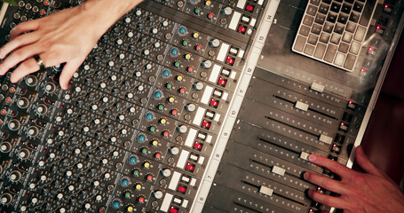 People, hands or audio engineer with sound board for radio broadcast, live streaming or production....