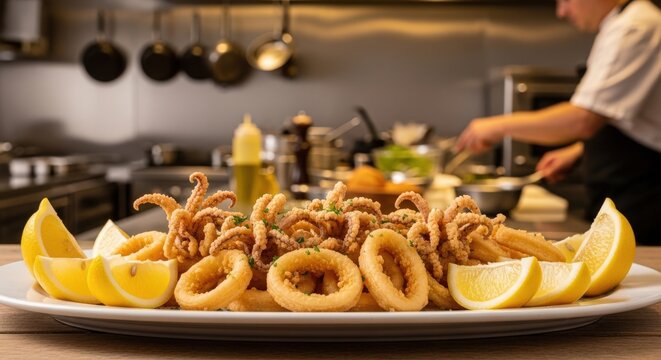 A plate of crispy fried calamari garnished with lemon wedges on a white plate in a commercial kitchen with a chef preparing food in the background.