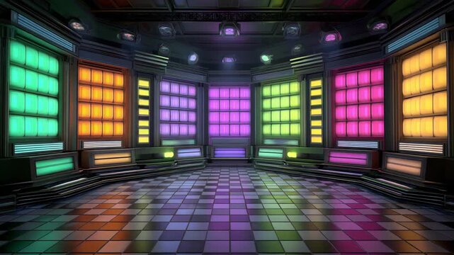 Blank game show stage with colorful lights on floor and wall, illuminated by spotlights. Bright, vibrant setup for entertainment and presentations.