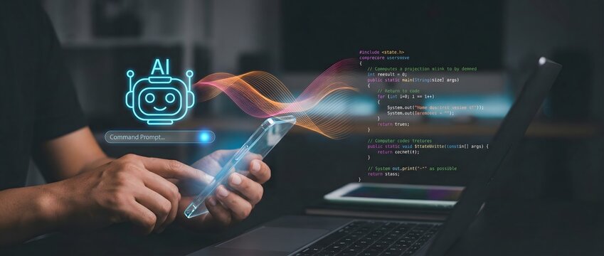 Hands interacting with a virtual interface above a laptop displaying ai and coding.