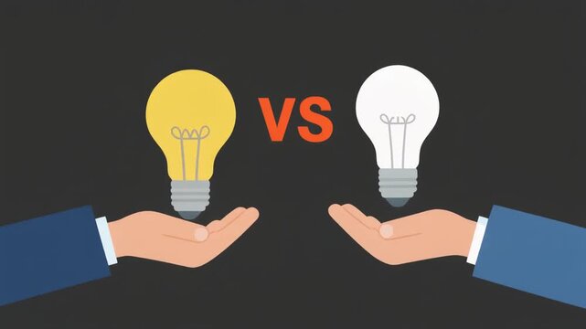 2D vector animation featuring two hands in suits holding a glowing yellow incandescent bulb and a white LED energy-saving lamp with orange VS text on a dark gray background.