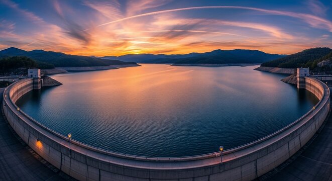 Panoramic dam landscape sunset