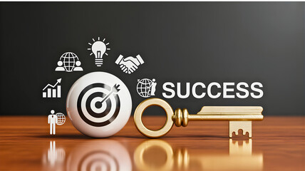 Fototapeta premium Key to success concept with business icons and target on dark background