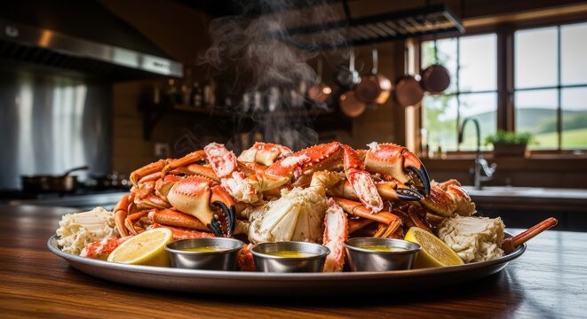 Steaming plate of king crab legs with melted butter and lemon on a wooden kitchen countertop with copper pots and pans hanging in the background.