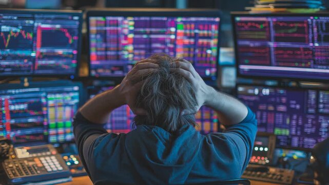 Back view of a trader holding his head while facing volatile graphs on screen. Concept of financial stress, market uncertainty, and trading pressure.