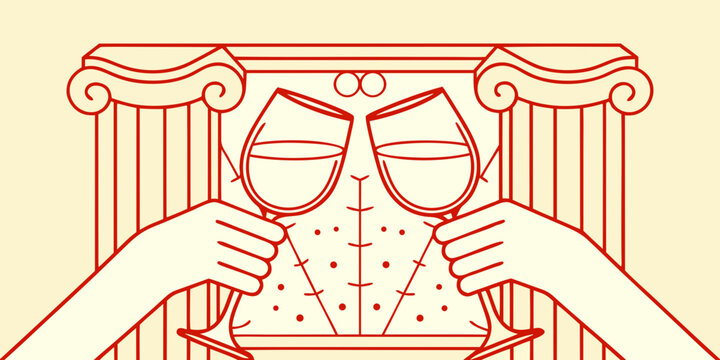 Ancient greek theater masks framing two glasses of wine toasting
