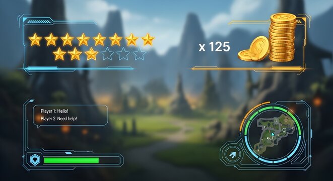 Fantasy RPG game interface with golden coins and stars, digital gaming HUD overlay on blurred landscape, mobile game UI design elements