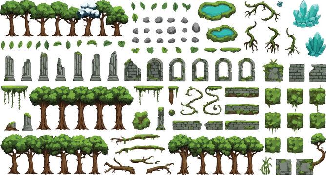 Pixel art game environment assets, 2D forest landscape elements with trees and stone ruins, fantasy world building vector set for gaming