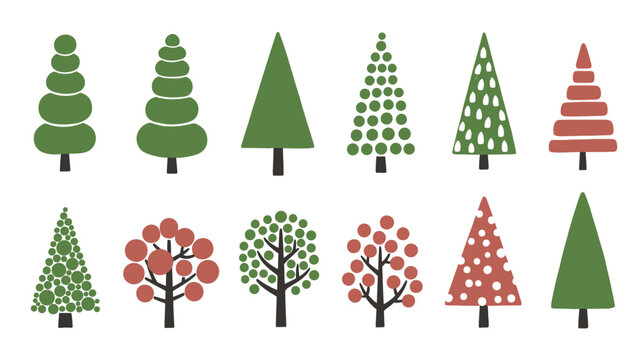 A collection of stylized christmas trees in varying shades of green and red arranged in rows against a white background high quality professional detailed modern elegant