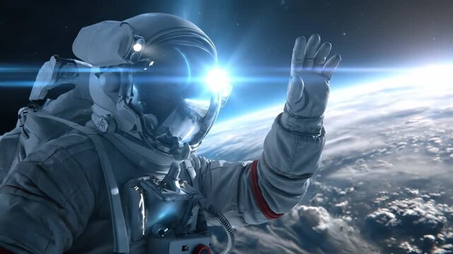 A courageous astronaut waves gracefully in cosmic void, orbiting majestic planet Earth, symbolizing human innovation, scientific advancement, and future journeys