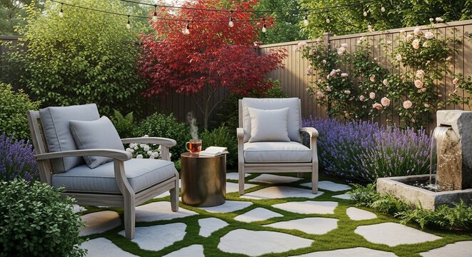 Outdoor patio seating arrangement with garden