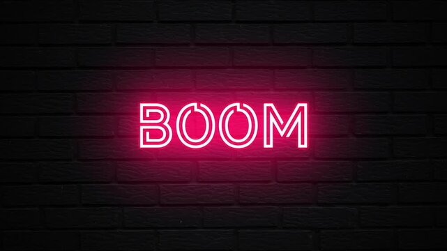Pink Neon Boom text animation. Glowing Boom looping motion. flicker text 4k video.