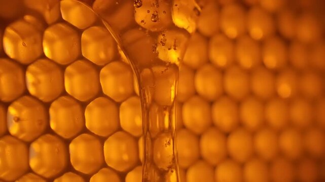 Golden Pure Honey Dripping Slowly on Natural Organic Honeycomb Cells in Macro Close-up Shot