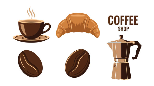 Coffee Shop Breakfast Elements Set: Hot Cup, Croissant, Coffee Beans, Moka Pot Illustration