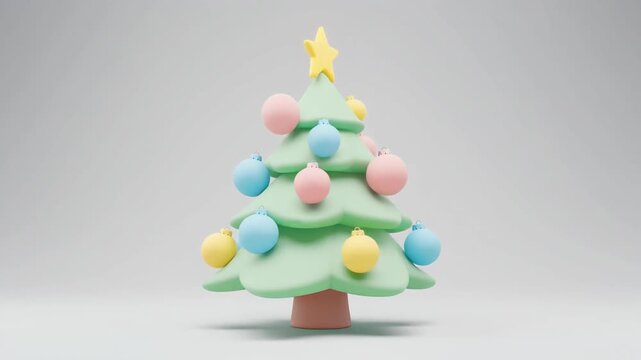 Stylized 3D rendering of a pastel green Christmas tree decorated with pink, blue, and yellow round ornaments and a yellow star on top, isolated on a clean neutral background.
