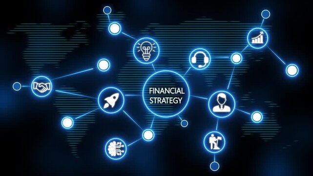 financial strategy neon line banner of project  concept with icons of business, responsibility, customers, integrity, goals, teamwork, commitment and innovation. video animation