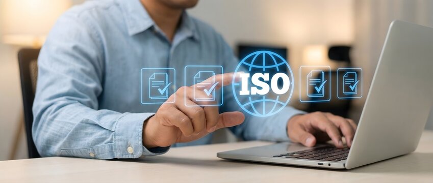 Man working on a laptop with a holographic iso certification display in an office setting.