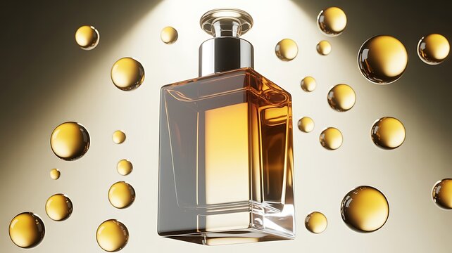 Luxurious perfume bottle surrounded by golden droplets and light effects with luxury goods with dark background with eau de parfum with eau de toilette with fragrant oil