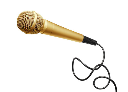 Gold wired handheld microphone with cable, isolated on cutout transparent background