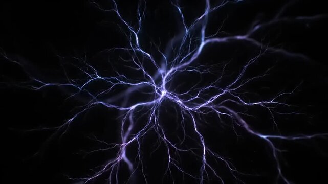 Abstract Pulsating Electrical Discharge with Branching Blue and Purple Energy Tendrils on Black