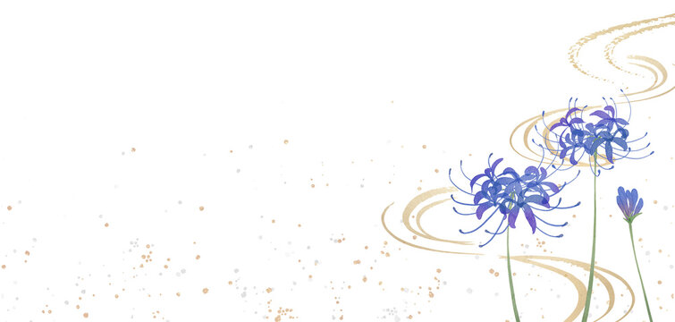 Watercolor blue Spider Lily with Japanese Gold Swirl and Washi Background. Hand-painted higanbana lycoris on transparent background with gold glitter and flowing lines PNG clipart.300dpi
