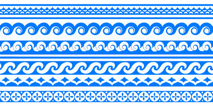 Seamless blue and white greek key and wave pattern background