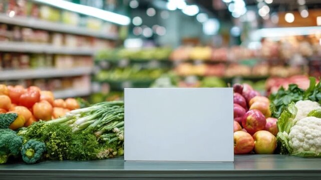 A blank white card rests on a dark wooden counter. Behind it, a vibrant, out-of-focus display of fresh oranges, grapes, bananas, and other produce fills a grocery store or market setting.