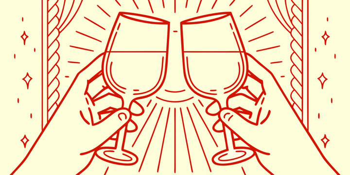 A celebratory illustration featuring two wine glasses clinking in a toast