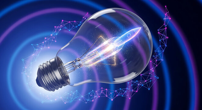 Innovative light bulb with rocket inside symbolizing creativity and technology advancement
