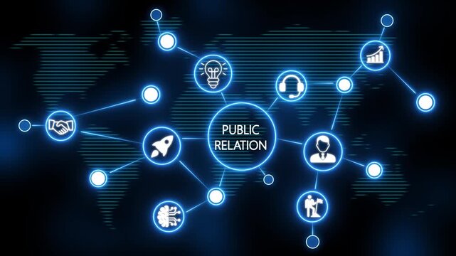 PUBLIC RELATION neon line banner of project  concept with icons of business, responsibility, customers, integrity, goals, teamwork, commitment and innovation. video animation