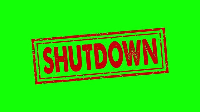 Shutdown rubber stamp animation. shutdown texture text Up to down motion graphics. stamp zooming and hit effect 4k video.