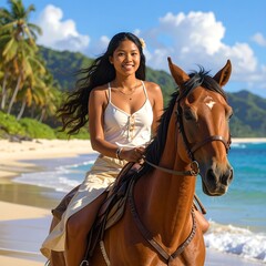 Fototapeta premium A woman rides a horse on a beach with palm trees