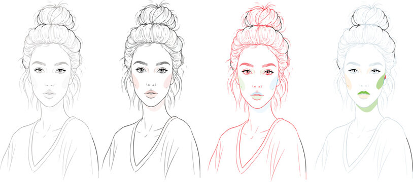Minimalist face chart vector set for makeup artists, hand drawn woman portrait sketches, beauty face templates with color correction zones
