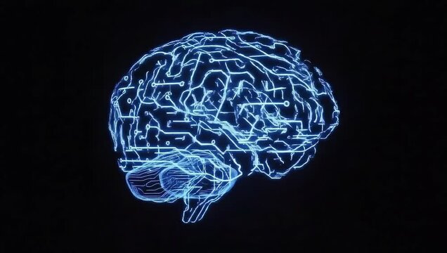 A video showcasing a futuristic blue brain on a black background