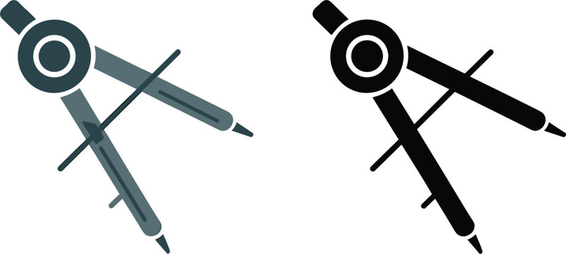 Drawing compass tool icons set with geometric divider instrument in modern flat and silhouette vector design for drafting concepts