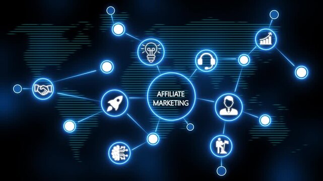 affiliate marketing neon line banner of project  concept with icons of business, responsibility, customers, integrity, goals, teamwork, commitment and innovation. video animation