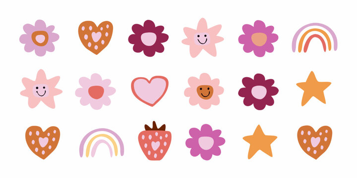 Colorful cartoon flowers hearts rainbows and strawberries in a playful pattern