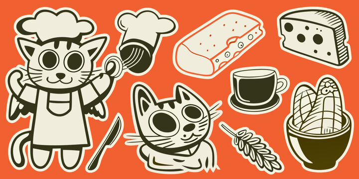 Whimsical illustration of a cat chef with bread cheese and coffee
