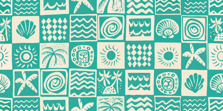 Seamless pattern of stylized tropical motifs in teal and cream