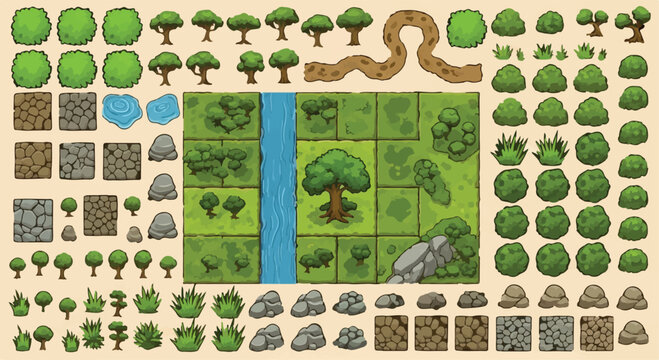 Isometric game map tileset, hand drawn nature environment assets with green trees and bushes, top down world builder vector for video games