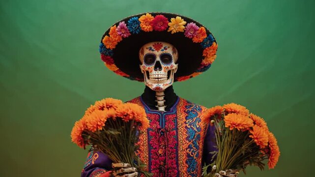 Mexican Day of the Dead Catrin skeleton wearing traditional embroidered costume and flower-adorned sombrero hat, holding bouquet of orange marigolds against green background.