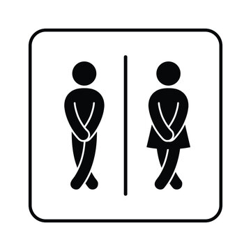 Funny restroom sign showing male and female figures holding legs in urgency pose. Minimal black and white toilet icon expressing need to use bathroom. Humorous pictogram perfect for signage cafes bars
