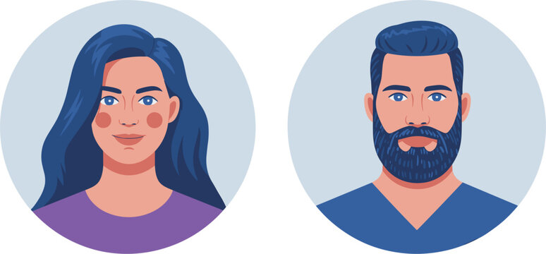 Male and female avatar portraits set with modern flat style faces in circular frames for profile and user interface design