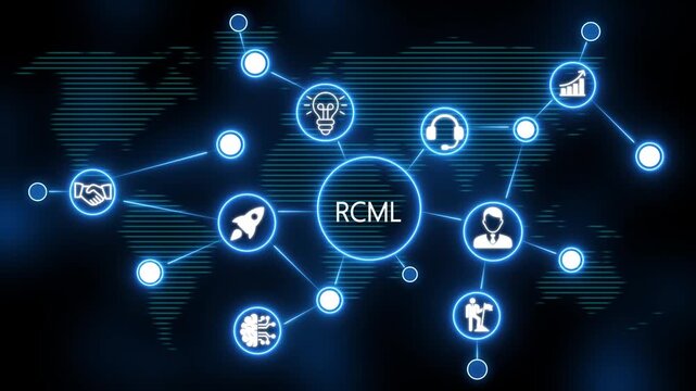 glowing neon line banner of RCML concept with icons of business, responsibility, customers, integrity, goals, teamwork, commitment and innovation. video animation