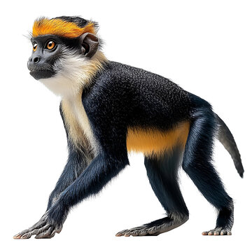 Extreme side view full body shot of crowned guenon walking isolated on a white background