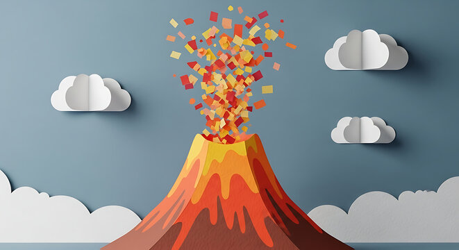 3D Paper Cut Volcano Eruption Illustration with Colorful Paper Lava and Confetti Smoke Cloud on Blue Background Concept for Earth Science and Education