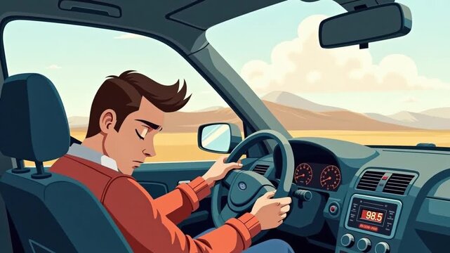 Sleepy driver falling asleep at the wheel, driving in a serene landscape. Cartoon style