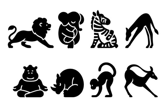 Safari Yoga Icons. Safari Yoga Animals. Filled icon set of Safari Yoga Animals: lion stretch, elephant balance