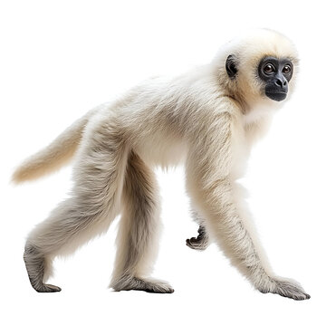 Extreme side view full body shot of lar gibbon walking isolated on a white background