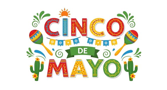 Cinco de mayo festive typography design with maracas, cacti and bunting flags